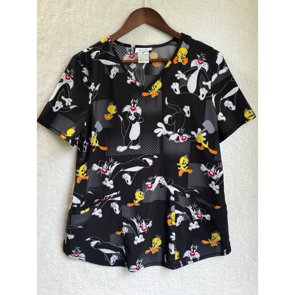 Looney Tunes Scrub Top Medium Sylvester Tweety Cartoon Medical Uniform - Picture 5 of 7